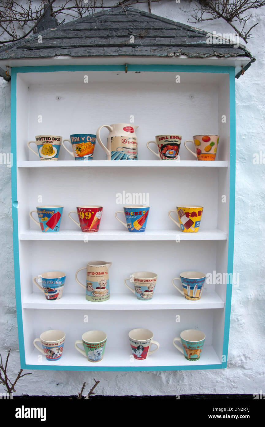 Colourful Hand Made Mugs Cups In Display Cabinet Shelf Stock Photo
