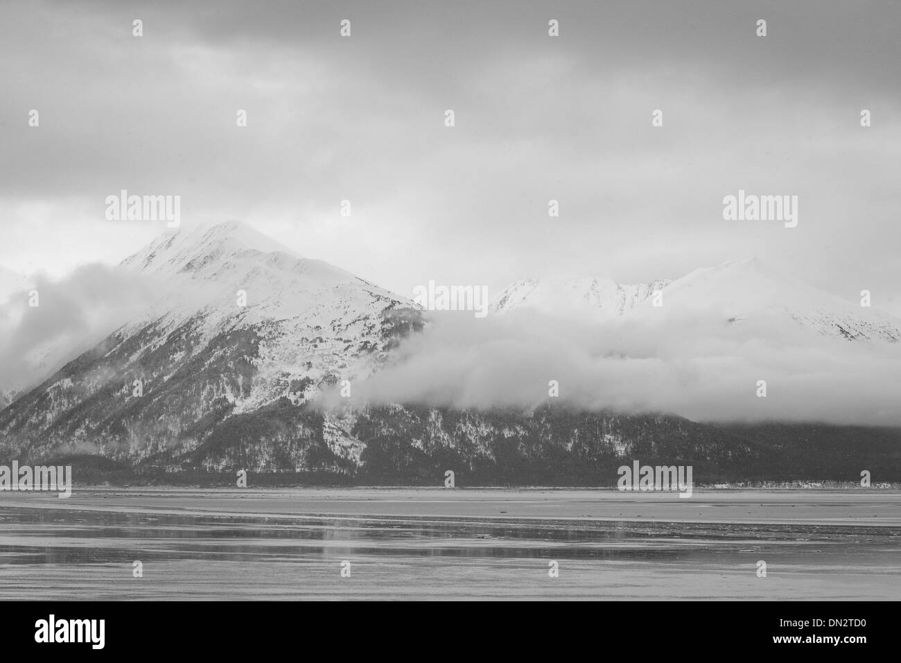 Winter scene on the Turnagain Arm Alaska in Black and White Stock Photo