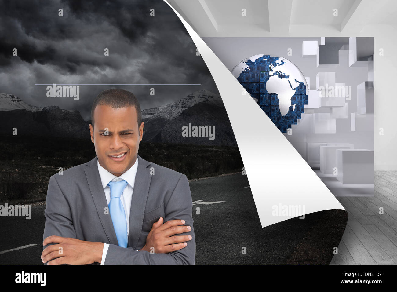 Composite image of doubtful young businessman with arms crossed Stock Photo