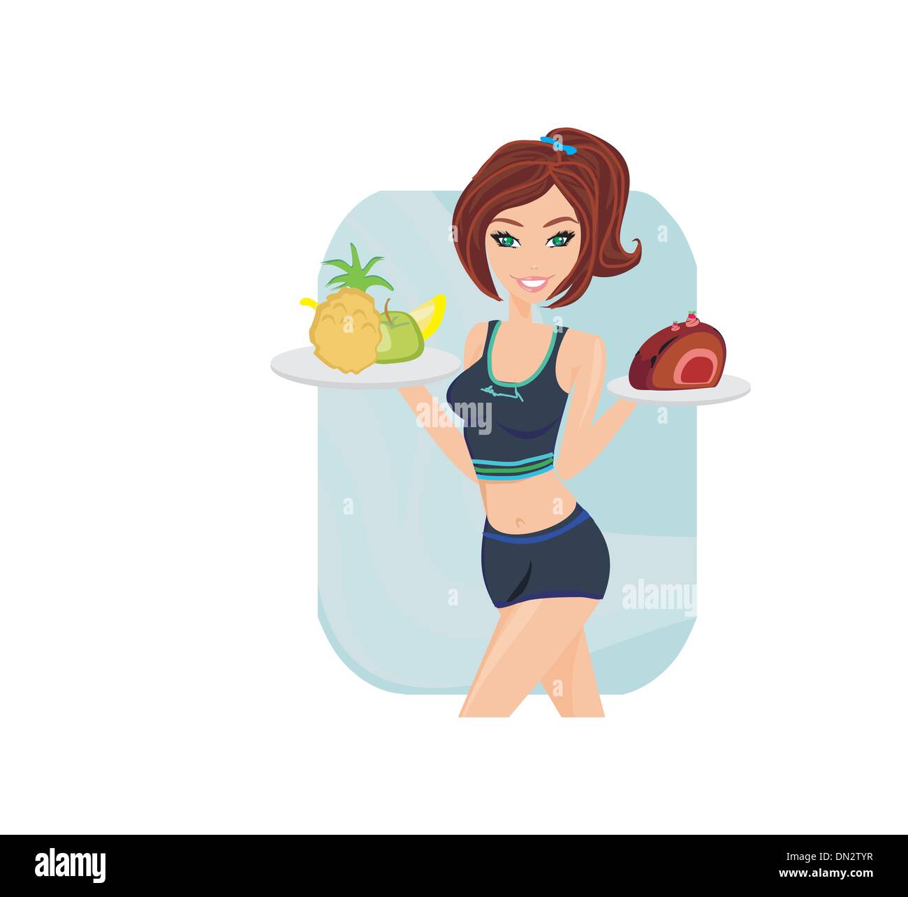 Young woman with fruits and cake Stock Vector