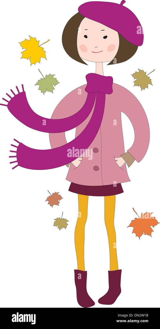 Hand drawn little girl in a coat with a scarf Stock Vector