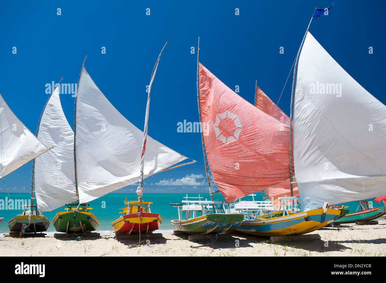 Traditional jangada sailboats lined up on Brazilian beach in Maceio Northeastern Brazil Stock Photo