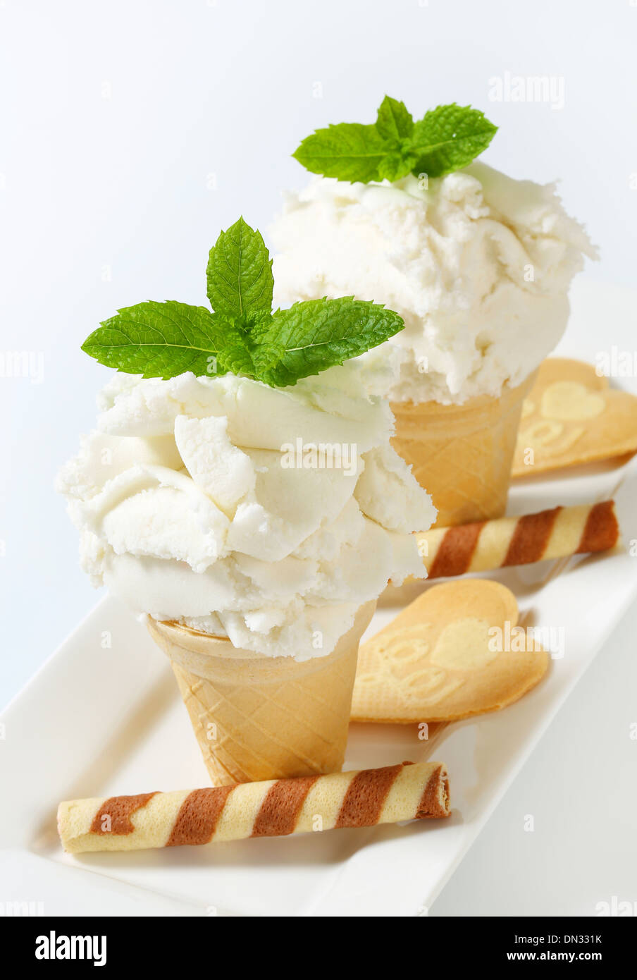 Frozen yogurt in wafer cups Stock Photo
