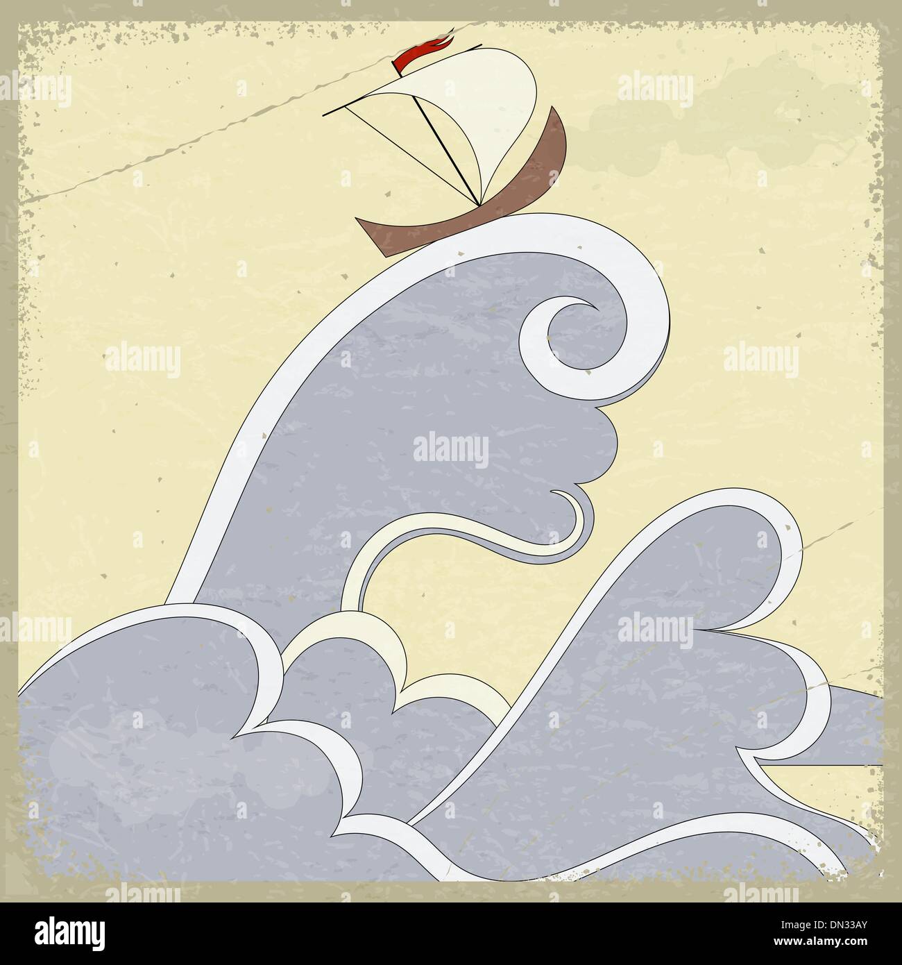 Old vintage postcard and image waves and a sailboat. eps10 Stock Vector ...