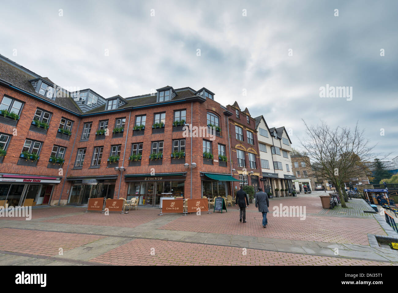 Cafes and restaurants in Quayside Cambridge UK on an overcast day Stock Photo
