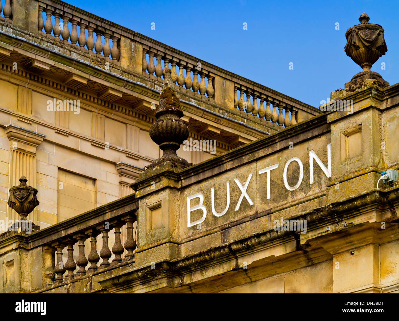 Detail on top of Buxton Baths High Peak Derbyshire England UK built 1854 and designed by Henry Currey as a public spa Stock Photo