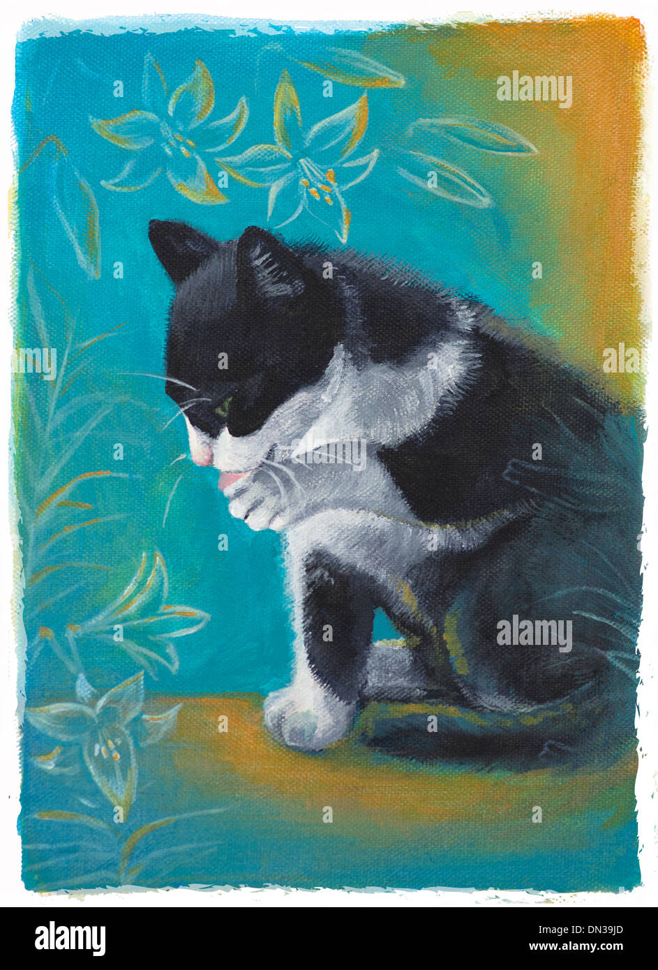 painted european shorthair cat kitten licking its paw black and white fur with lily, part of set cat calendar sign Cancer Stock Photo