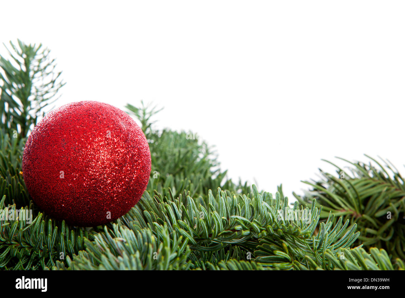 Red Christmas ball on pine tree over white background Stock Photo