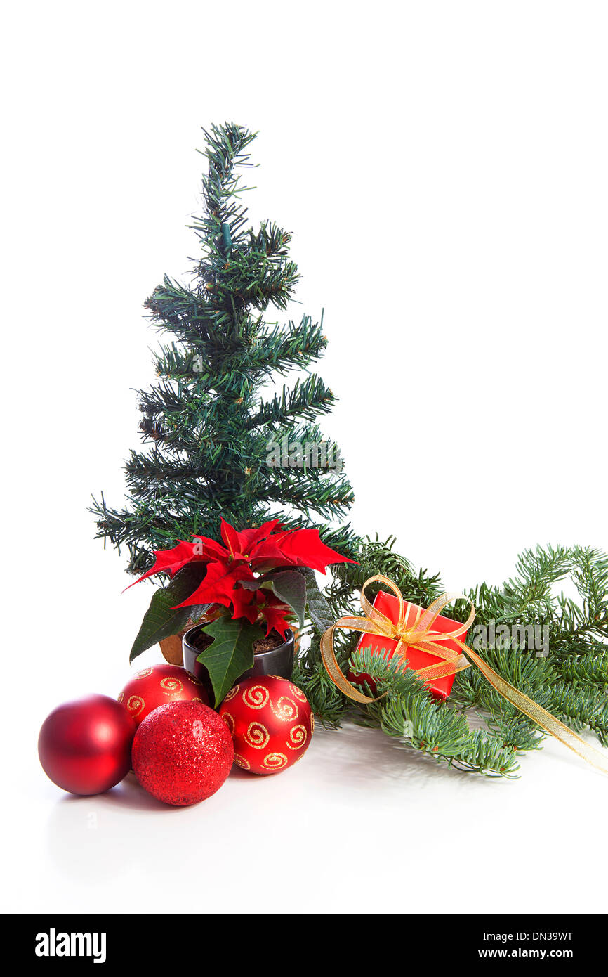 Red Christmas decoration and pine tree over white background Stock Photo