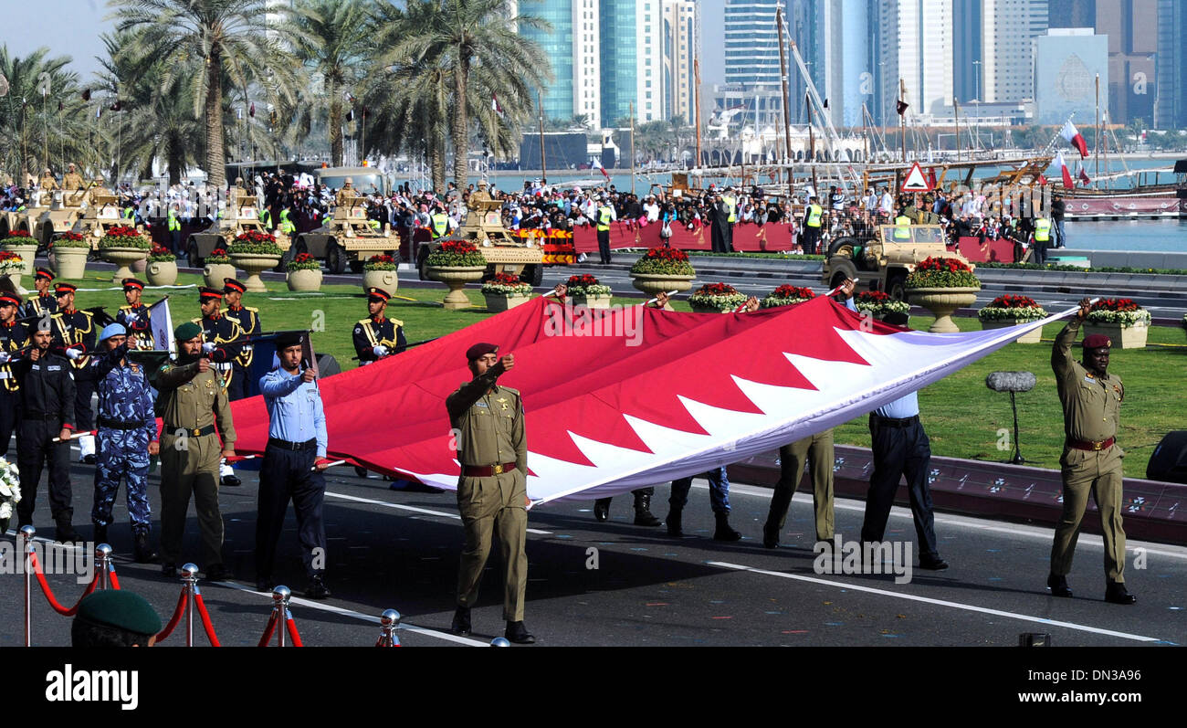 (131218) -- DOHA, Dec.18, 2013(Xinhua) -- Soldiers take part in a military parade during Qatar's National Day in Doha, Qatar, Dec. 18, 2013. (Xinhua/Chen shaojin)(hcl) Stock Photo