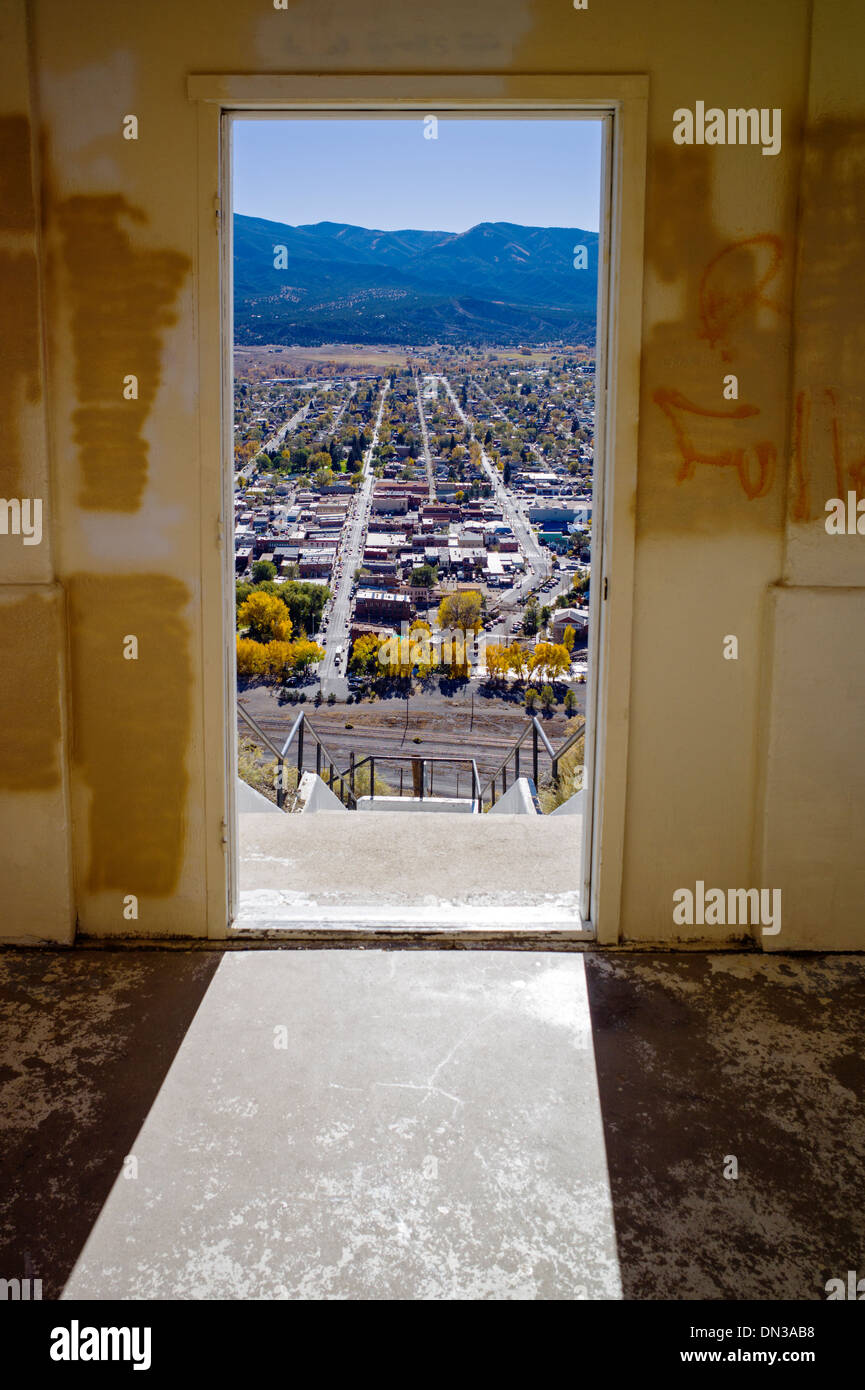 Autumn view through door of observation hut above of Salida and the Arkansas River Valley, Chaffee County, Colorado, USA Stock Photo