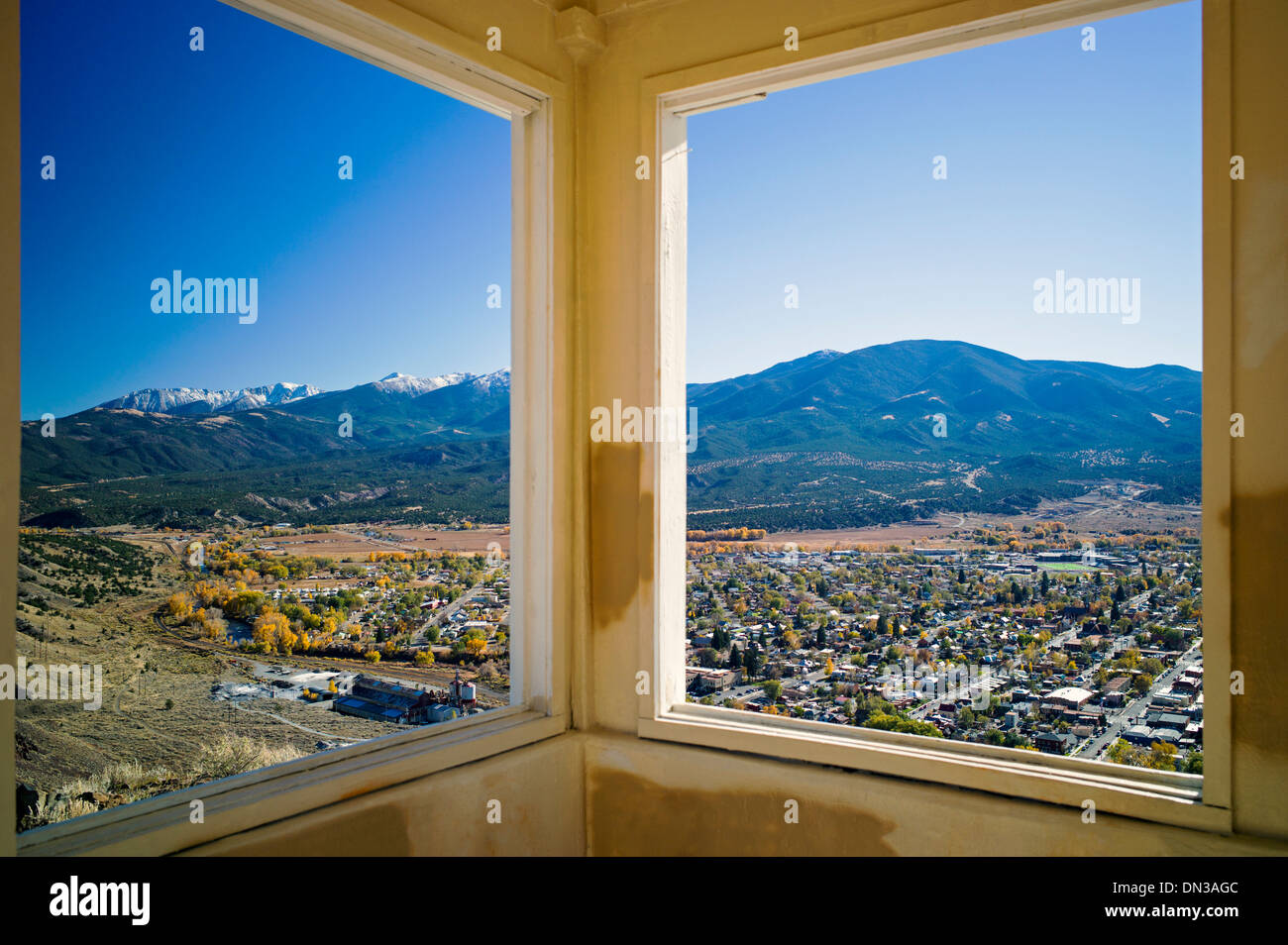 Autumn view through windows of observation hut above of Salida and the Arkansas River Valley, Chaffee County, Colorado, USA Stock Photo