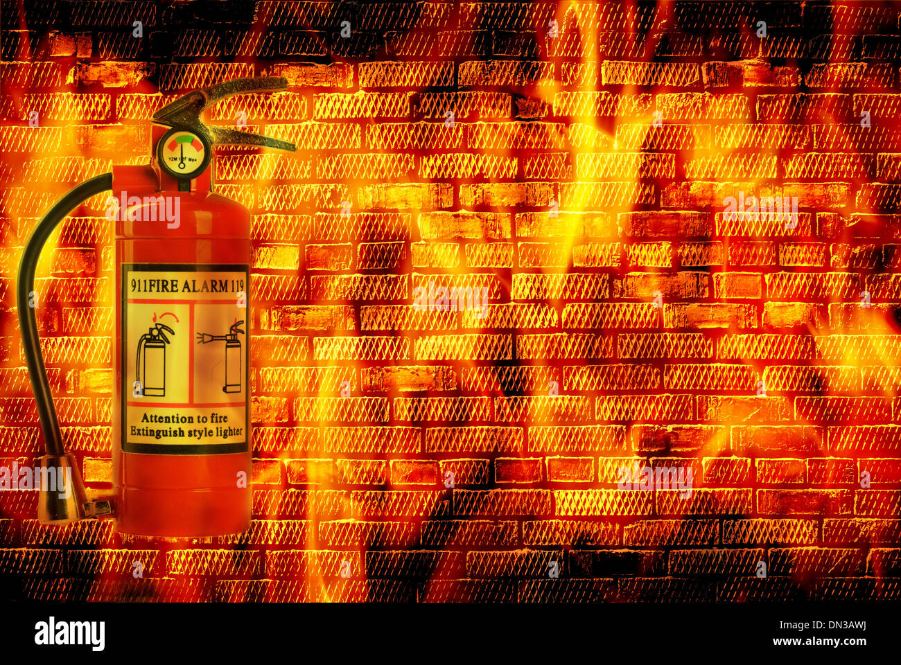 fire extinguisheron wall with flame Stock Photo