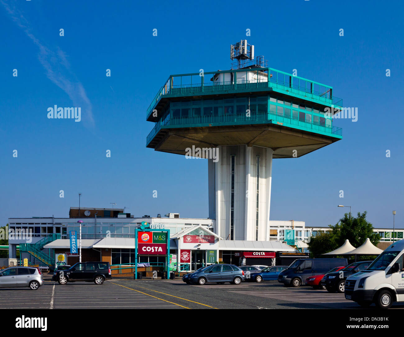 The hexagonal Pennine Tower at Lancaster Forton Moto Services on the M6 Motorway Lancashire England UK built 1965 listed in 2012 Stock Photo
