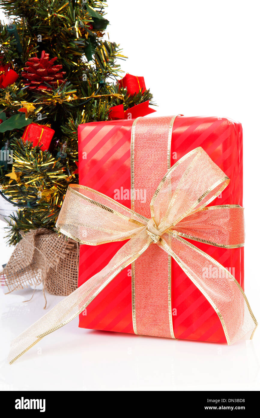 Christmas present with big golden bow near tree on white background Stock Image