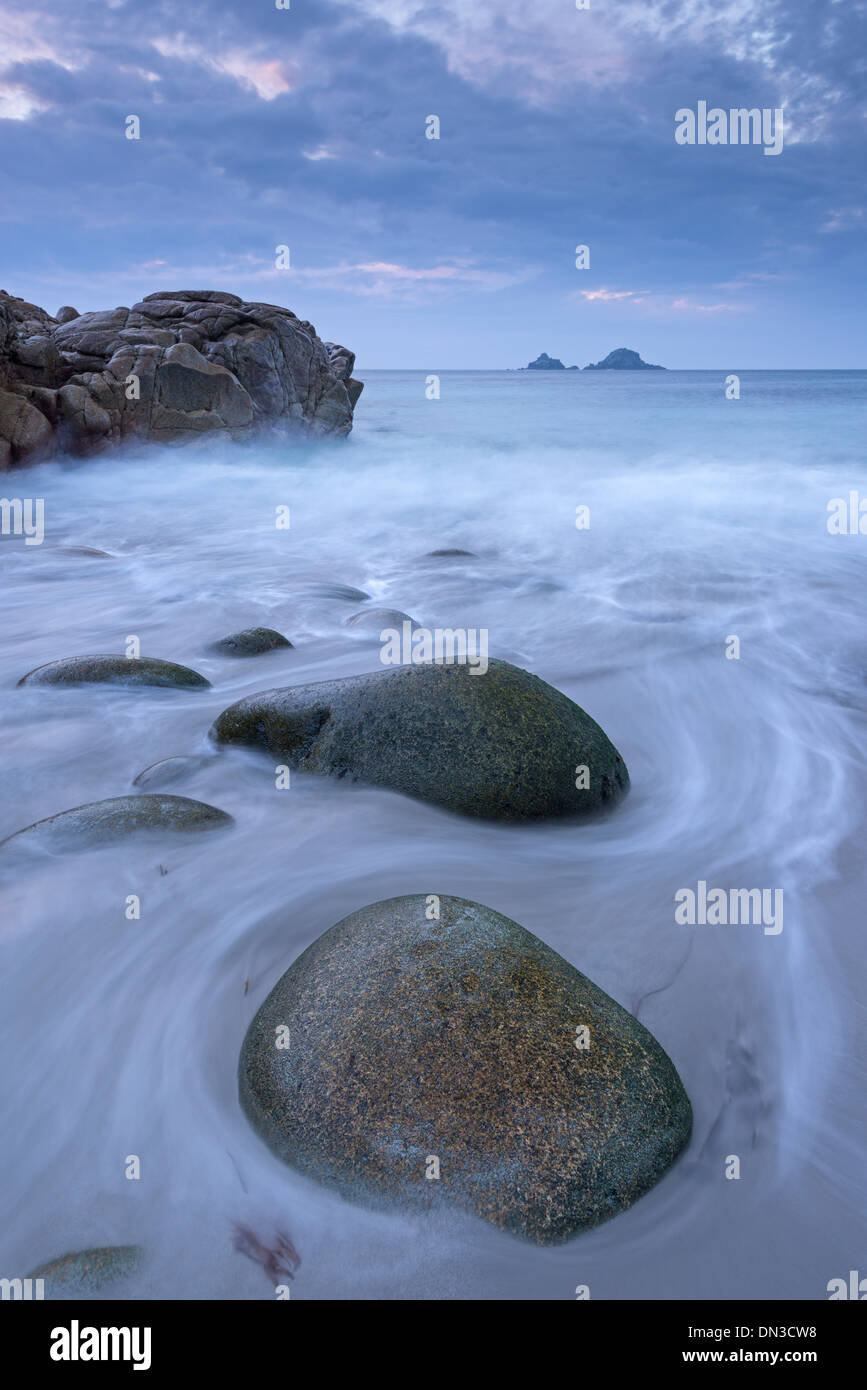 Porth Nanven beach at twilight, St Just, Cornwall, England. Autumn (October) 2013. Stock Photo