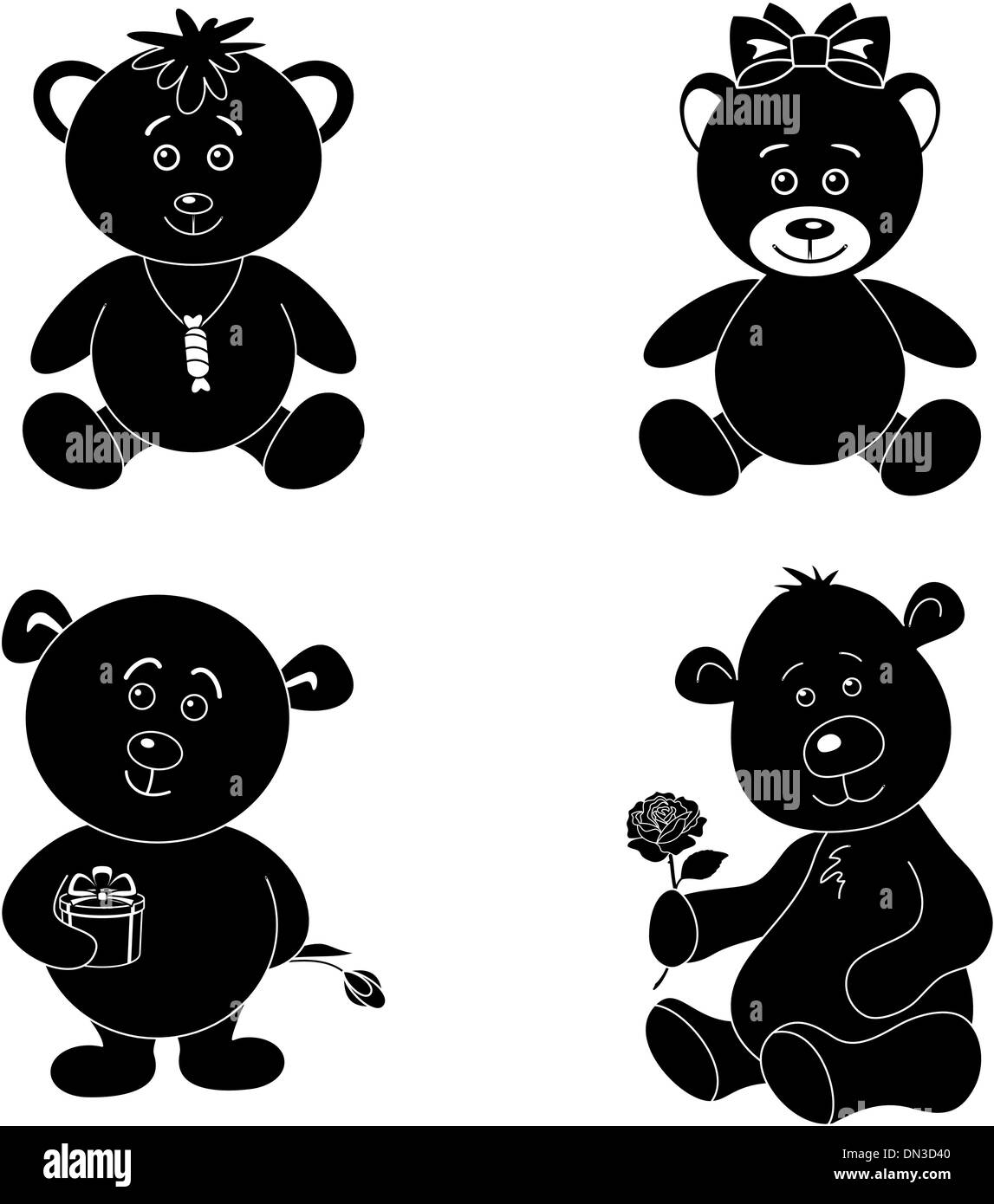 Set cartoon teddy bears, silhouette Stock Vector