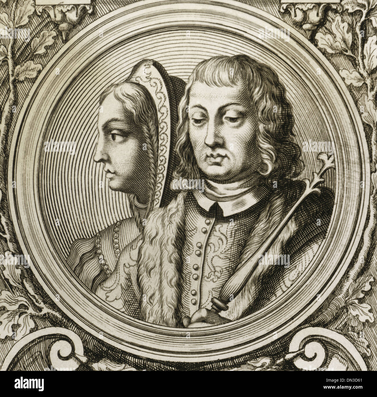 Catholic Kings, Isabella I (1451-1504) and Ferdinand II (1452-1516). Engraving. Stock Photo