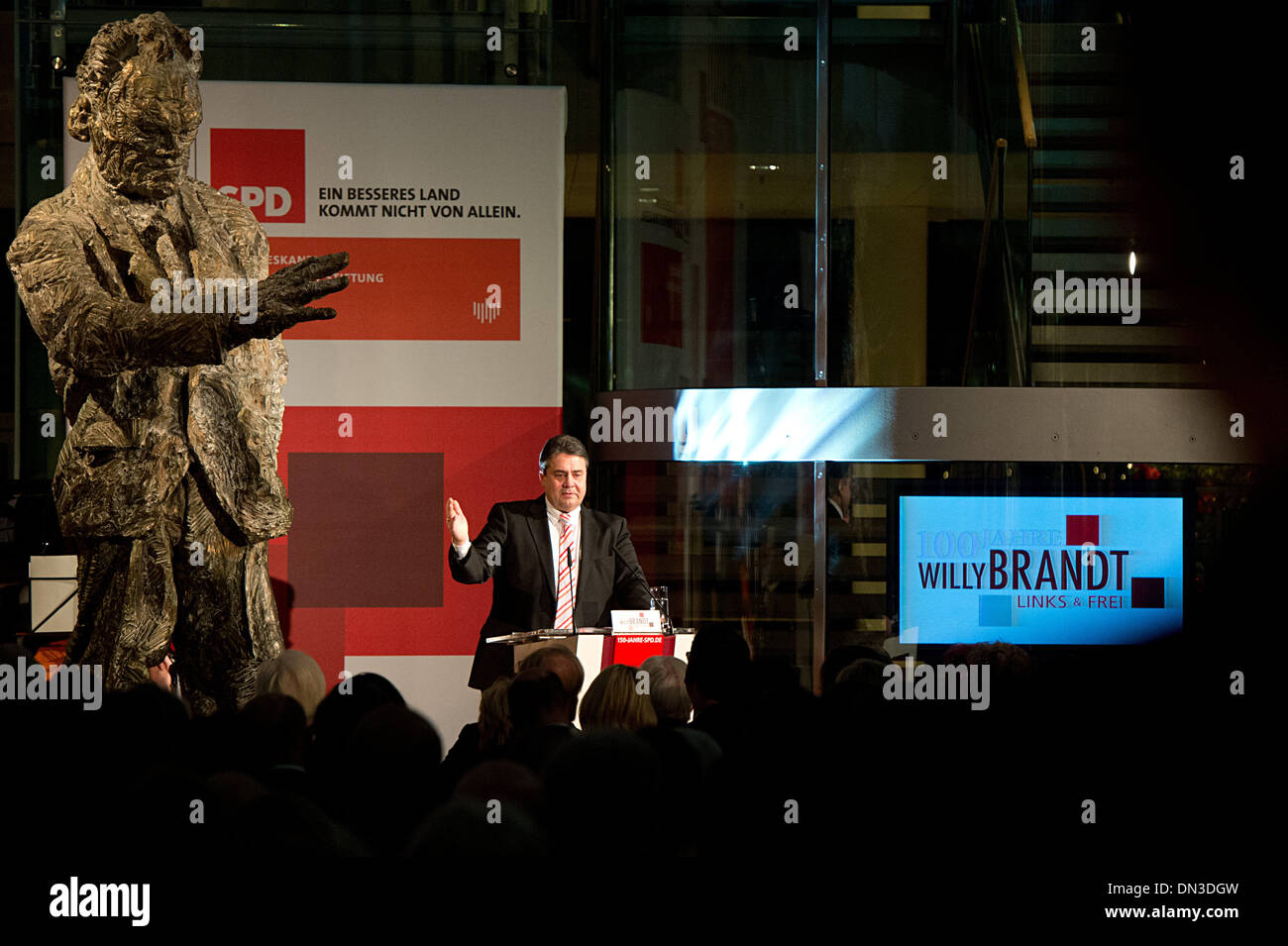 Berlin, Germany. 18th Dec, 2013. SPD chairman and Federal Minister of Economy and Energy, Sigmar Gabriel, speaks at a gala of the SPD party executive in celebration of the 100th birthday of Willy Brandt at the 'Willy-Brandt-Haus' in Berlin, Germany, 18 December 2013. The SPD politician, chancellor (1969-74) and Nobel peace laureate (1971) was born on 18 December 1913. Photo: MAURIZIO GAMBARINI/dpa/Alamy Live News Stock Photo