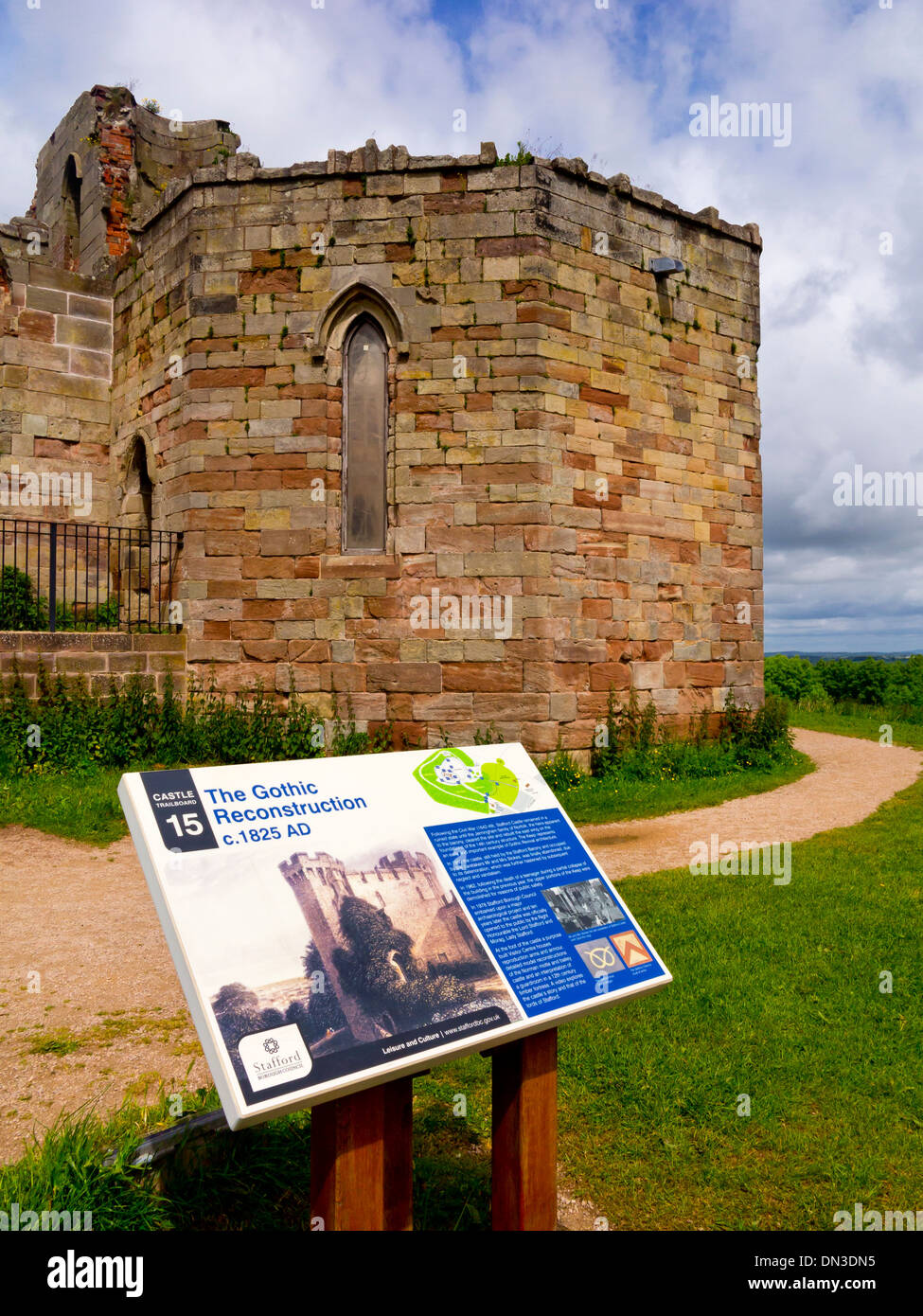 Interpretation sign Stafford Castle Staffordshire England UK a gothic revival stone keep based on original medieval foundations Stock Photo