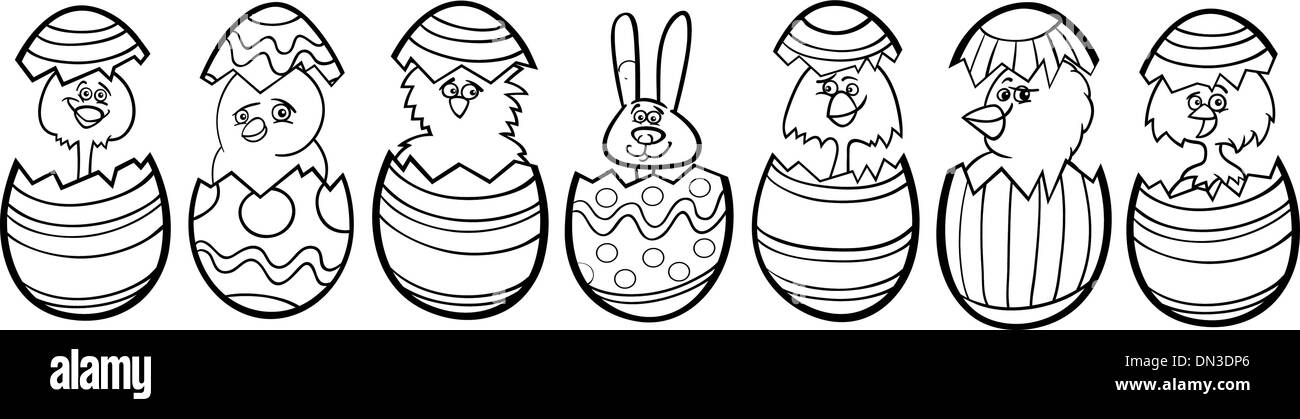 chickens in easter eggs cartoon for coloring Stock Vector