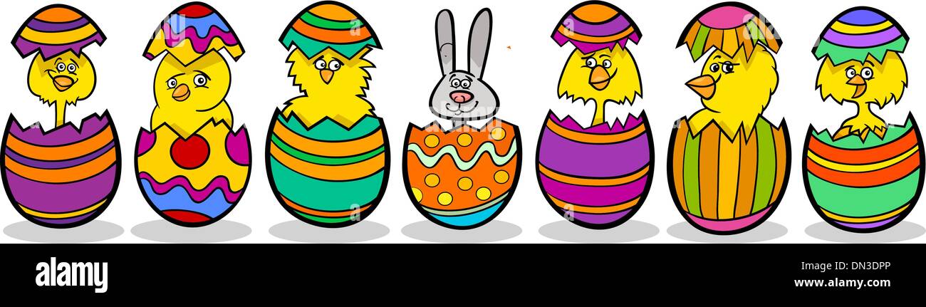 chickens in easter eggs cartoon illustration Stock Vector