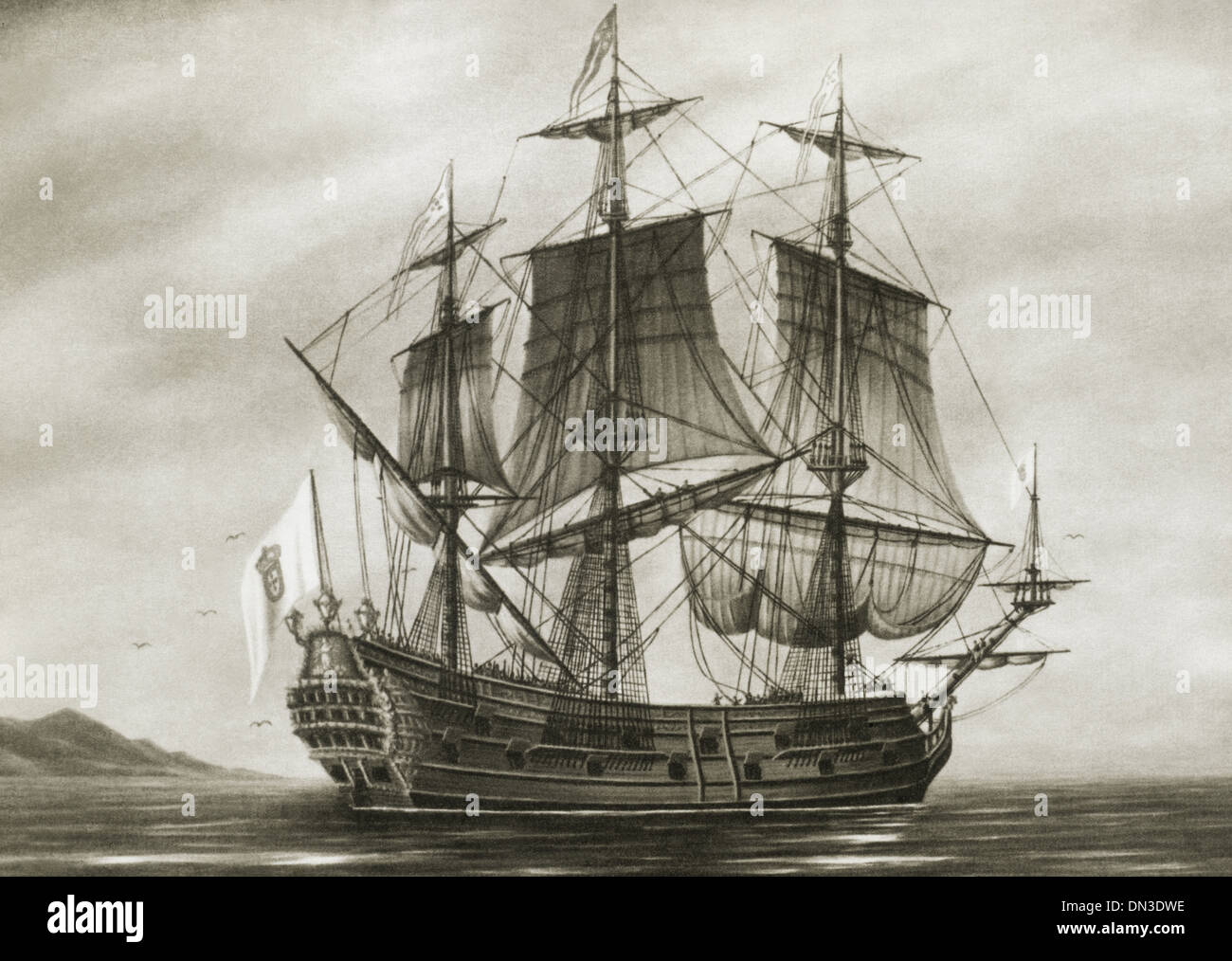 Galleon Saint Lucia. 17th century. expedition to northern Brazil, commanded by English captain Robert Thornton. Engraving. Stock Photo
