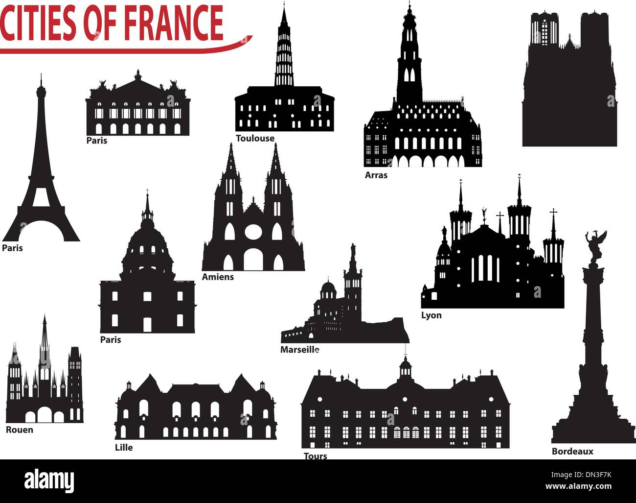 Silhouettes of cities in France Stock Vector