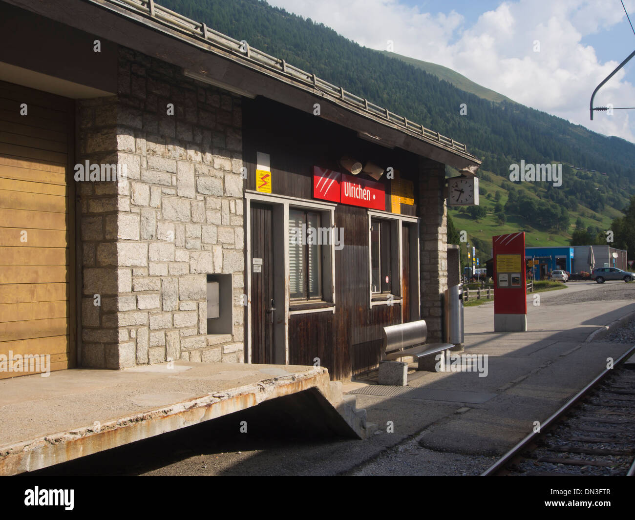 Railway station on the Matterhorn Gothard bahn, Glacier express, in the village Ulrichen in Switzerland Stock Photo