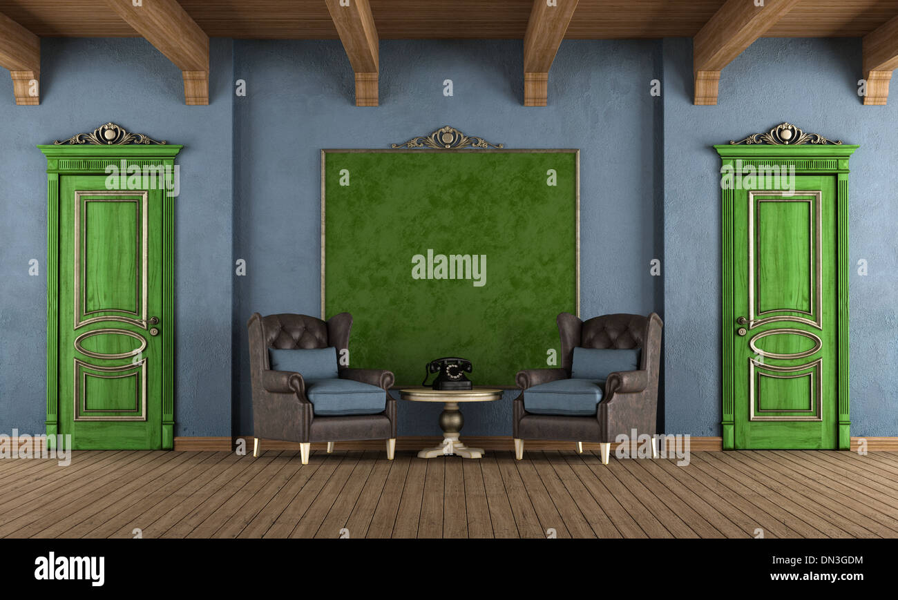 Vintage room with two classic armchair and closed retro doors ...