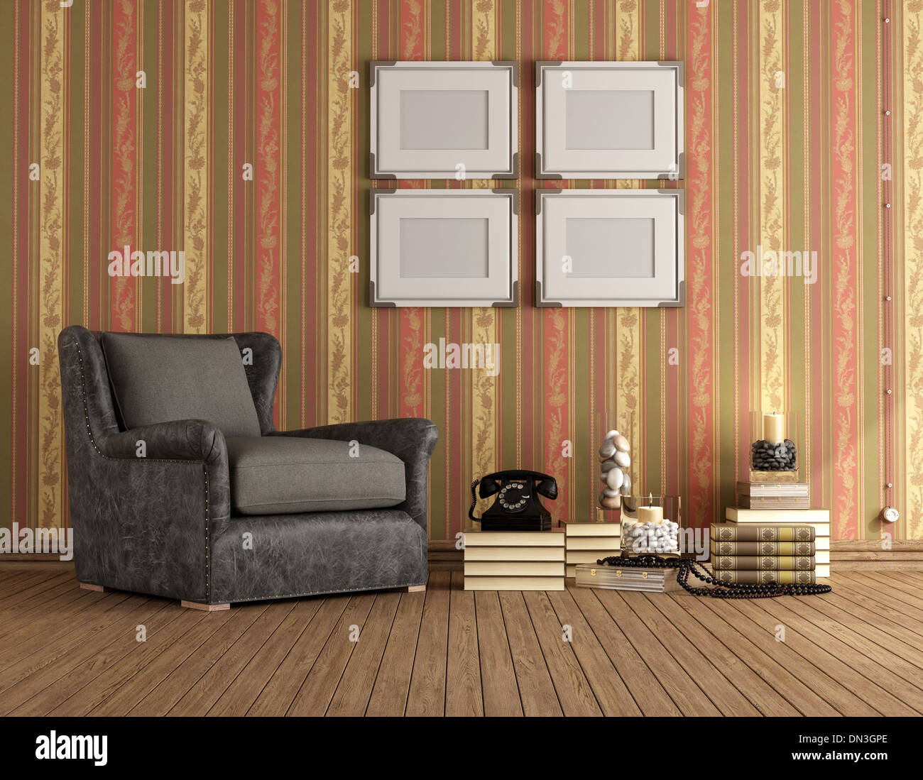 Vintage room with brown classic armchair and retro objects - rendering Stock Photo