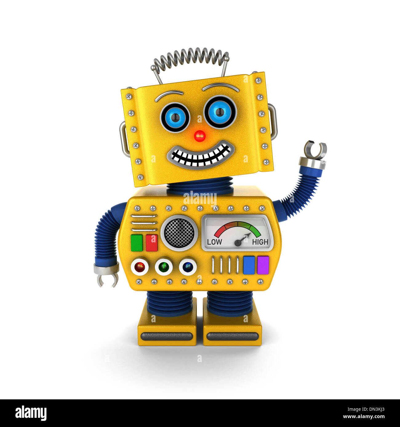 Cute yellow vintage toy robot over white background waving hello Stock Photo