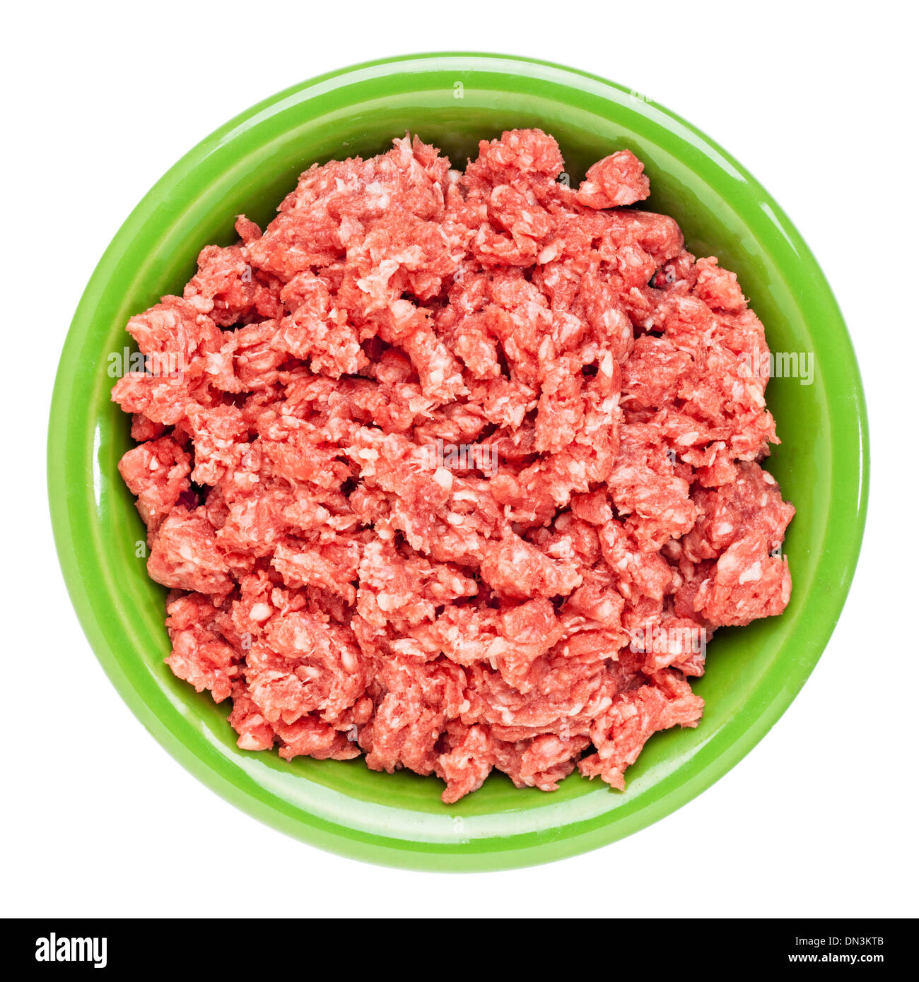 low cholesterol, grass fed, ground buffalo meat in ceramic bowl isolated on white Stock Photo