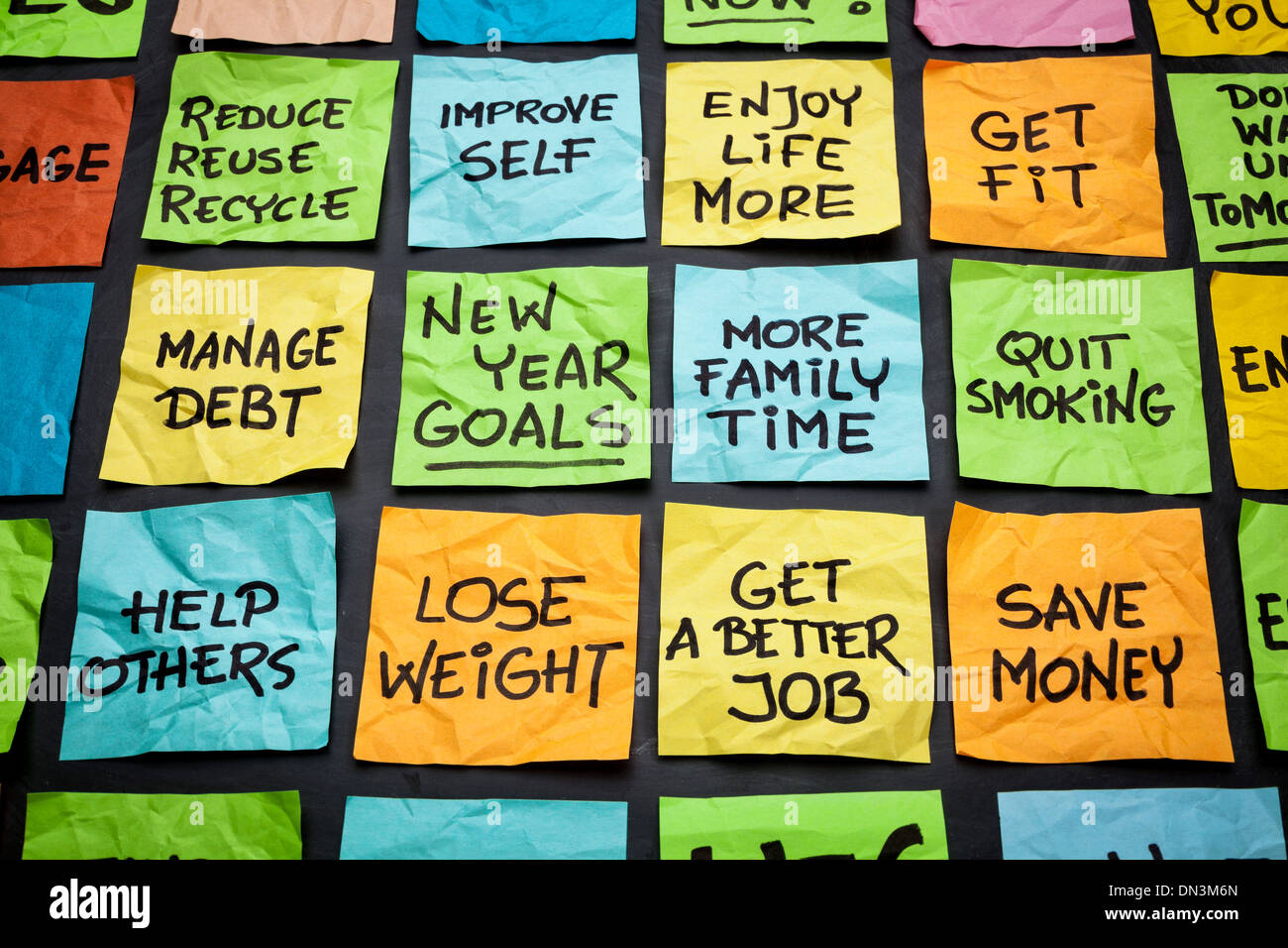 popular new year goals or resolutions - colorful sticky notes on a blackboard Stock Photo