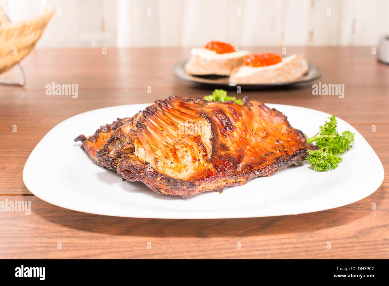 appetizing and ruddy marsh beaver ribs grilled Stock Photo