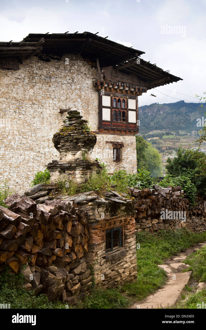 Eastern Bhutan Ura Village Stone Incense Burner On Path Between Houses Eastern Bhutan Ura Village Stone Incense Burner On Path Between Houses