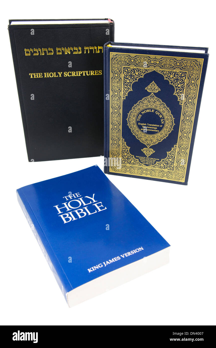 A Torah, a Qu'ran and a Holy bible Stock Photo