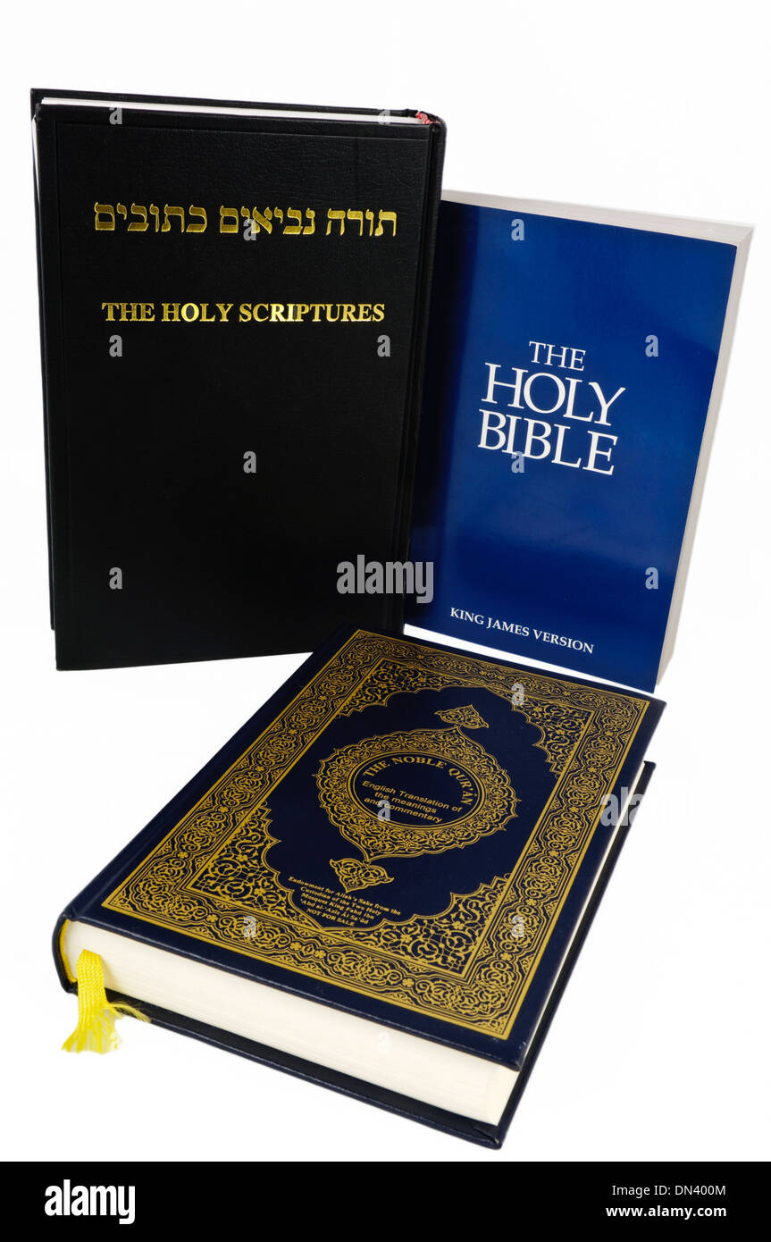 A Torah, a Qu'ran and a Holy bible Stock Photo