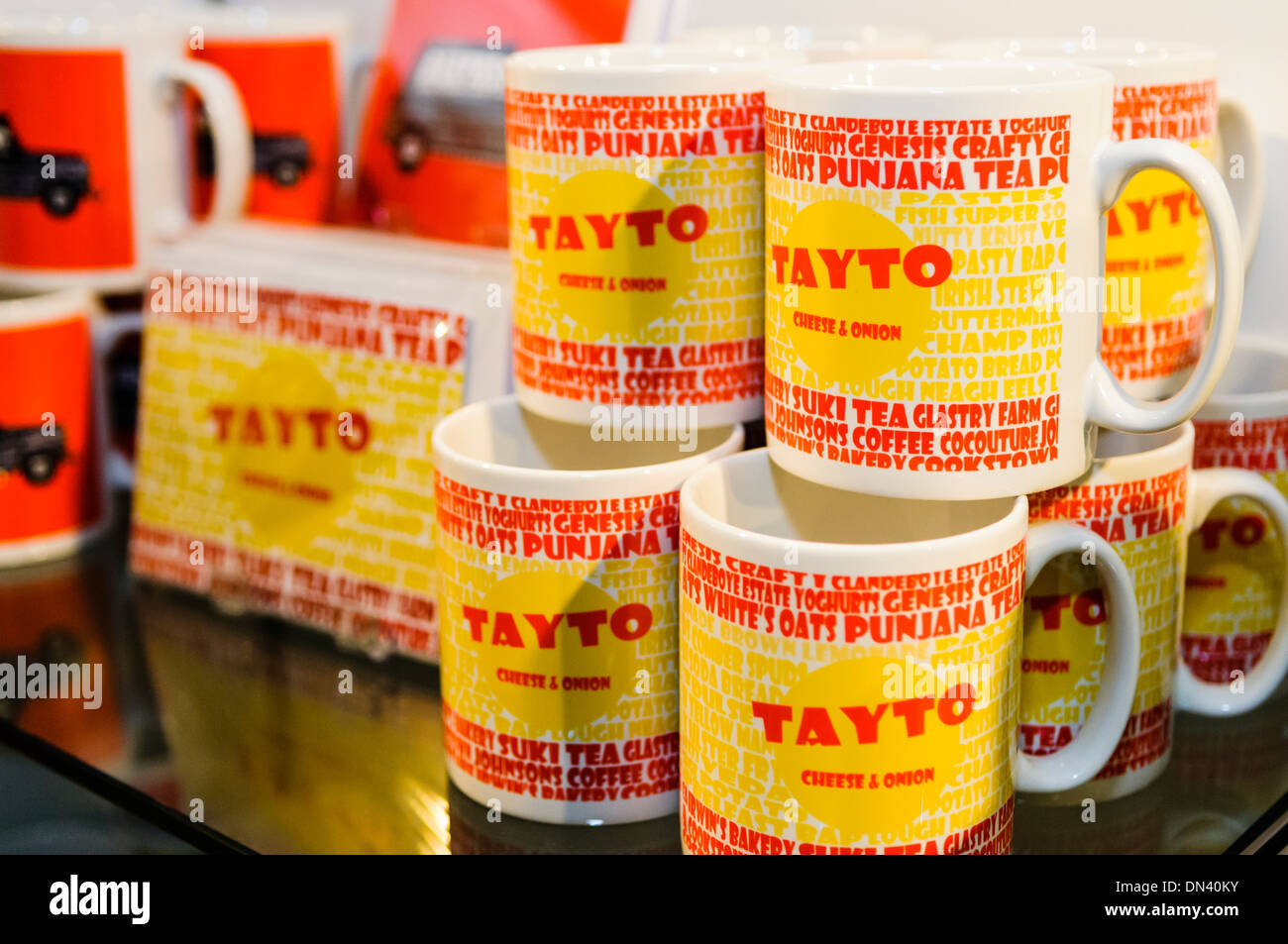 Tayto branded mugs on sale in a souvenir shop in Belfast, Northern Ireland Stock Photo