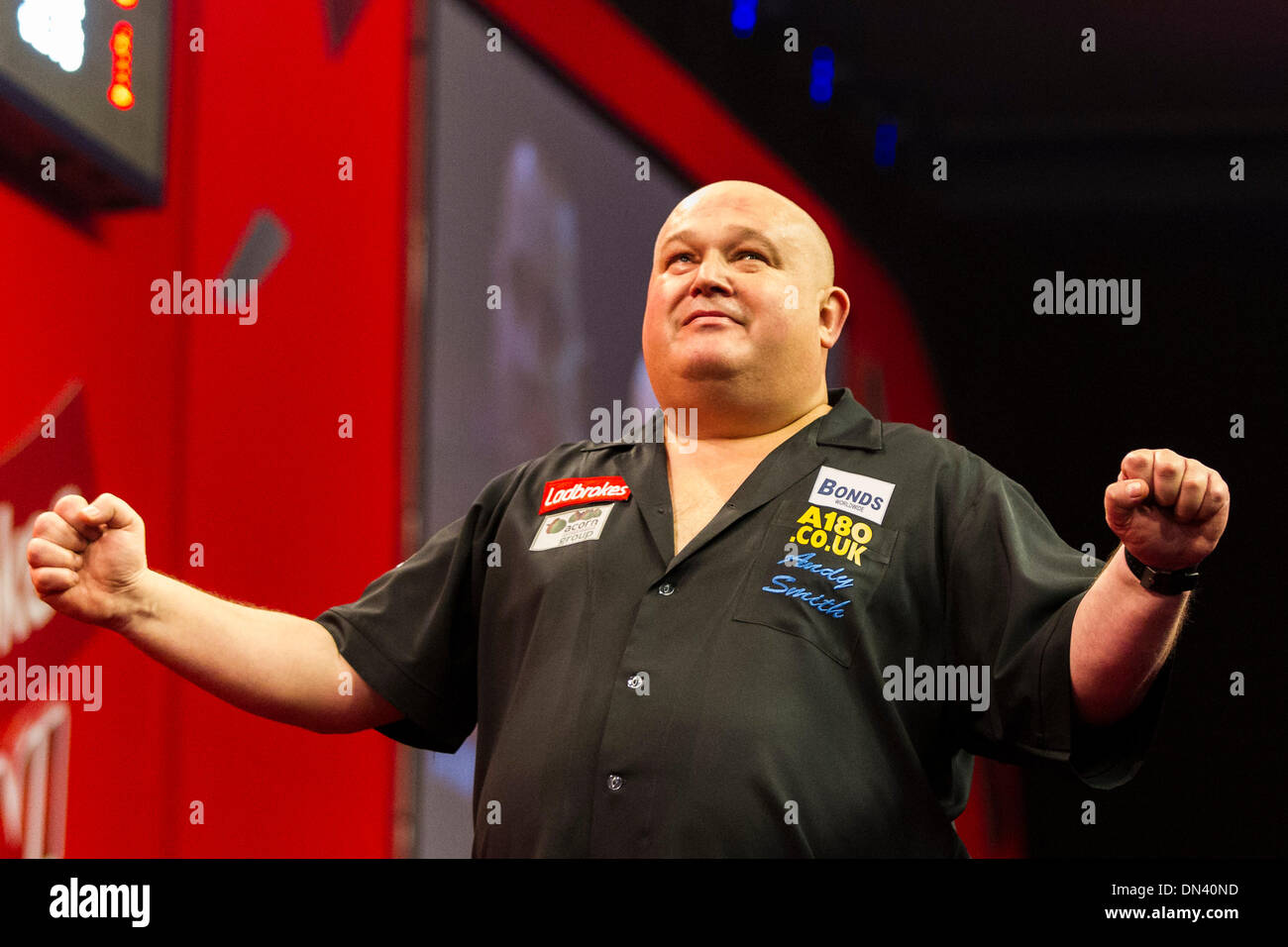 London, UK. 18th Dec, 2013. Andy Smith reacts during his first round match against Steve Brown at the Ladbrokes World Darts Championships from Alexandra Palace Credit:  Action Plus Sports/Alamy Live News Stock Photo
