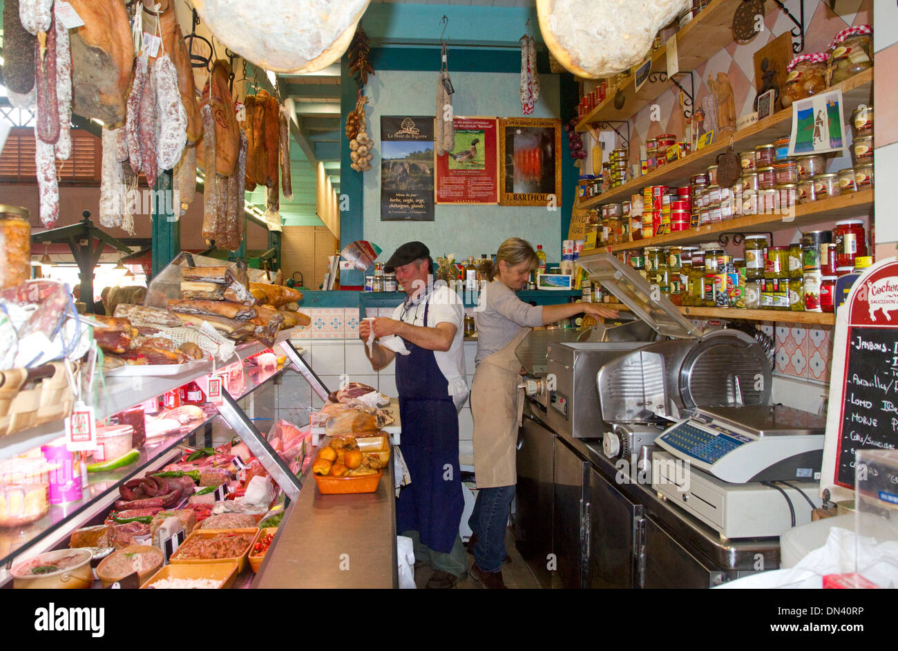 Charcuterie selling cured meats in a Basque market at Saint-Jean-de-Luz in the Basque province of Labourd, southwestern France. Stock Photo