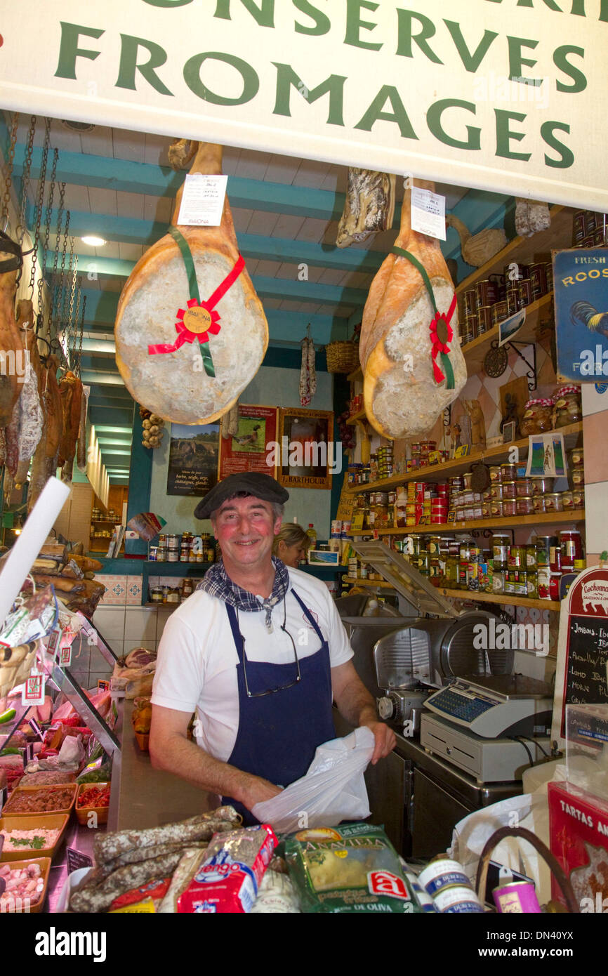 Charcuterie selling cured meats in a Basque market at SaintJeandeLuz