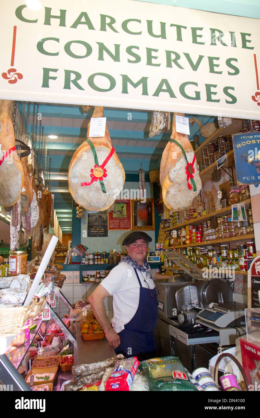 Charcuterie selling cured meats in a Basque market at SaintJeandeLuz