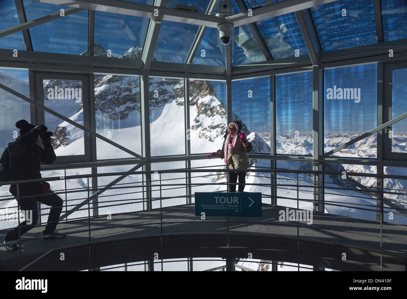 photographing the inside deck of the Sphinx Observatory, Jungfraujoch, Switzerland Stock Photo