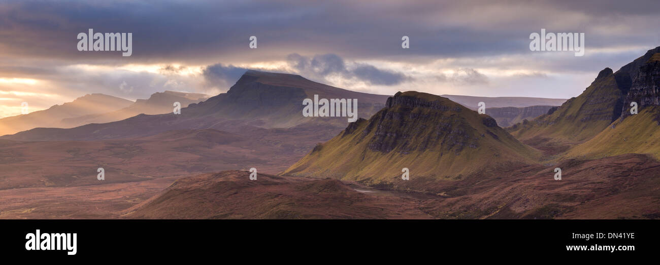 The Trotternish mountain range at dawn viewed from the Quiraing, Isle of Skye, Scotland. Winter (December) 2013. Stock Photo