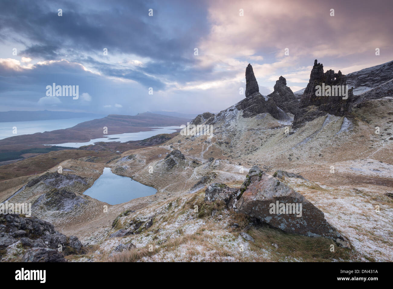 Winter scene at the Old Man of Storr, Isle of Skye, Scotland. Winter (December) 2013. Stock Photo