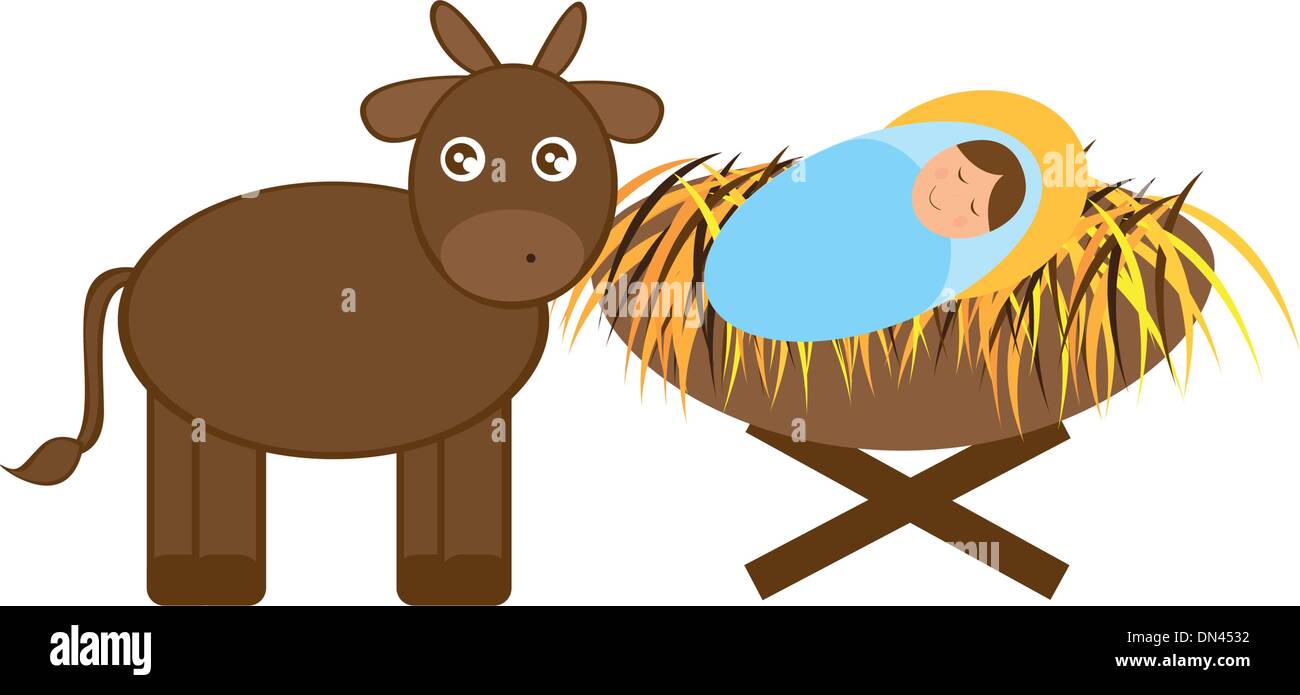 Baby Jesus with Donkey and ox Stock Vector