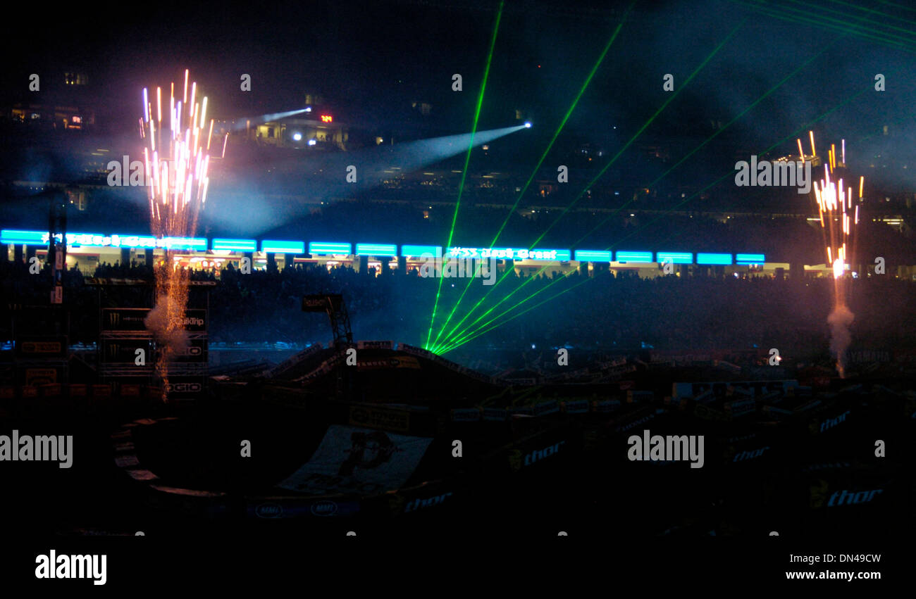 Feb 21, 2009 - Atlanta, Georgia, USA - Fireworks and lasers mark the start of the Monster Energy Drink, AMA Supercross in the Georgia Dome. (Credit Image: © Timothy L. Hale/ZUMA Press) Stock Photo
