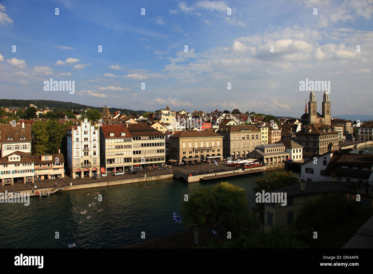 Switzerland, Zurich, Limmat river,old city and cathedral. Stock Photo
