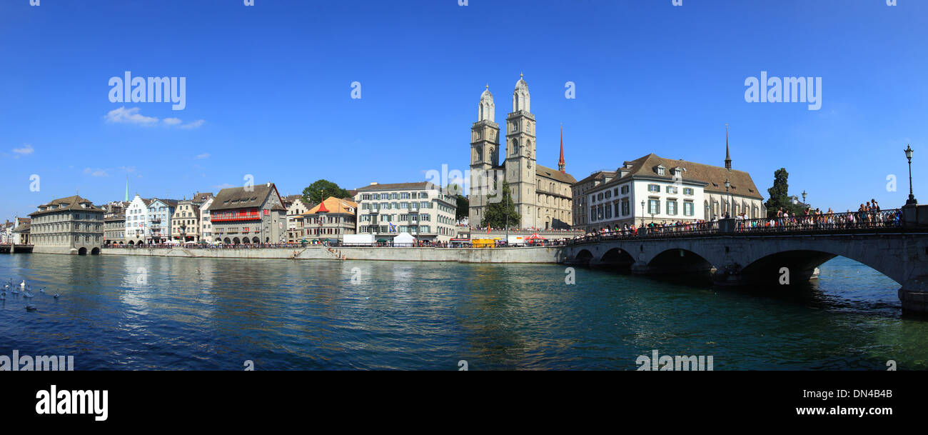 Switzerland, Zurich, Limmat river and cathedral. Stock Photo
